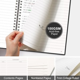 AHGXG Lined Spiral Journal Notebook, B5 Large Notebooks for Women Men, 140 Numbered Pages College Ruled Notebook for School Work Writing Note Taking, 100 GSM Paper, Waterproof Plastic Cover, Black