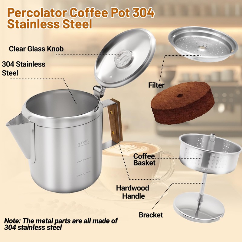 Vaolvpant No Coating 9 Cup Percolator Coffee Pot 304 Stainless