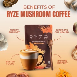 RYZE SUPERFOODS All Day Energy Bundle with Mushroom Medium Roast Coffee + Mushroom Matcha, USDA Organic with 6 Adaptogenic Mushrooms + Matcha for Better Energy, Focus, Digestion 30+30 serving