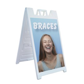 Braces 24" x 36" Double Sided A-Frame Sidewalk Sign, Includes 2 Installed Decals | Foldable Portable White Signicade Sandwich Board | Orthodontic Services, Dental Clinics, Perfect Smiles | Made in USA