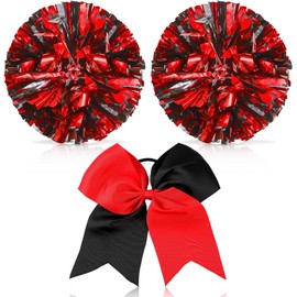 Theaque Cheerleader Pompoms and Large Cheerleader Hair Bow for Girls 12 Inch Metallic Cheerleader Pompoms for Sports, Team Spirit, Cheering (Red and Black Mixed)