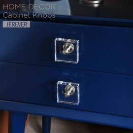 JEREVER 2 Pack Acrylic Knobs Large Size Crystal Brass Drawer Pull Clear Cabinet Handle Furniture Hardware for Wardrobe Dresser Kitchen (Silver_Square)