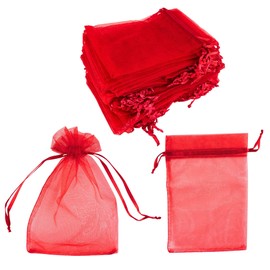 Super Z Outlet 100 Pack 5x7 Inch Mini Sheer Drawstring Organza Transparent Bags Jewelry Sack Pouches for Wedding, Party Decorations, Arts & Crafts Gifts (Red)