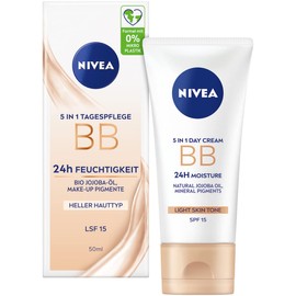 NIVEA 5-in-1 Day Cream BB 24h Moisture SPF 15, Tinted Day Cream for Light Skin Types, Face Cream with Organic Jojoba Oil and Make-Up Pigments