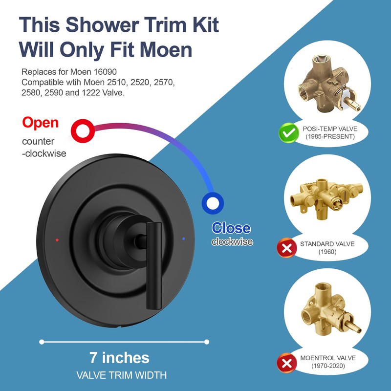 Matte Black Shower Handle Replacement for Moen T2901BL Gibson Posi-Temp