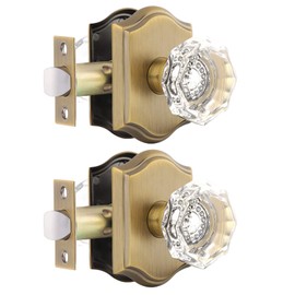 Gobrico Clear Glass Crystal Passage Door Knobs,Antique Brass Interior Crystal Door Handles for Hall Closet,2 Pack Keyless Door Lock