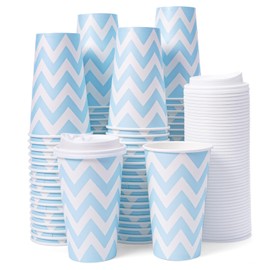 Tamone 100 PACK 16OZ Disposable Coffee Cups with Lids, To Go Coffee Cups with Lids Leak Proof, Blue Paper Cups for Cold/Hot Beverage Chocolate Cocoa for Home Office Party
