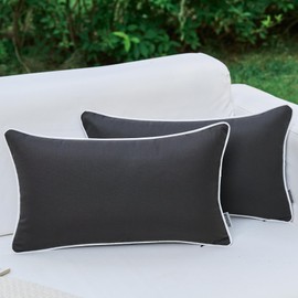 LIGICKY Pack of 2 Black Outdoor Waterproof Lumbar Throw Pillow Covers Decorative White Edge Rectangle Pillows Cushion Case Outside Pillowcase for Patio Couch Tent Sunbrella ((12x20 inch)