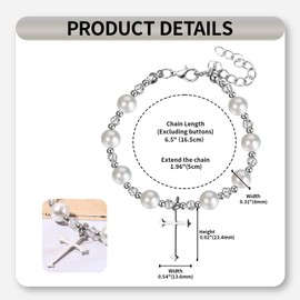 JewelryWe Kreuz Rosenkranz Armband Damen: Christliche Kreuz Edelstahl Weiß Perlen Armkette Verstellbar Perlenarmband Kettenarmband Religiöse Katholische Christian Schmuck Konfirmation Geschenk