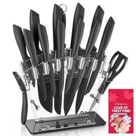 D.Perlla Knife Set, 14 PCS Stainless Steel Kitchen Knives Block Set with Built-in Sharpener, White - Color: Ceramic Black 16 pcs