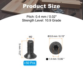 PATIKIL M2 x 5 mm Flat Head Socket Cap Screws, 50 Pack Flat Countersunk Bolts Medium Carbon Steel Hex Socket Drive Machine Screws Full Thread Black Oxide Grade 10.9