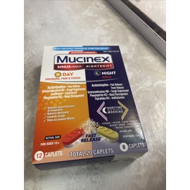 Mucinex Day & Night. 12 Day Caplets, 8 Night Caplets. EXP 03/26