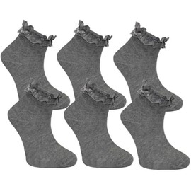 COSHAL® 6 Trim Frilly Lace Ruffled Girls Socks School Ankle Socks, Girls Soft Back to School Trainer Dance Sock's Ankle Trim School's Uniform Sock Size 9-12, Grey