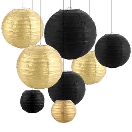 MIVIDE Set of 16 Paper Lanterns Black Gold Paper Lanterns Decoration 10 15 20 25 cm Round Lampshade for Weddings, Birthdays, Parties and Events