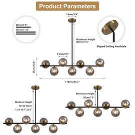 KCO Lighting Black and Gold Linear Kitchen Pendant Lighting Mid Century Modern Chandelier 7-Light Smoke Glass Globe Round Chandelier Vintage Long Dining Room Chandelier