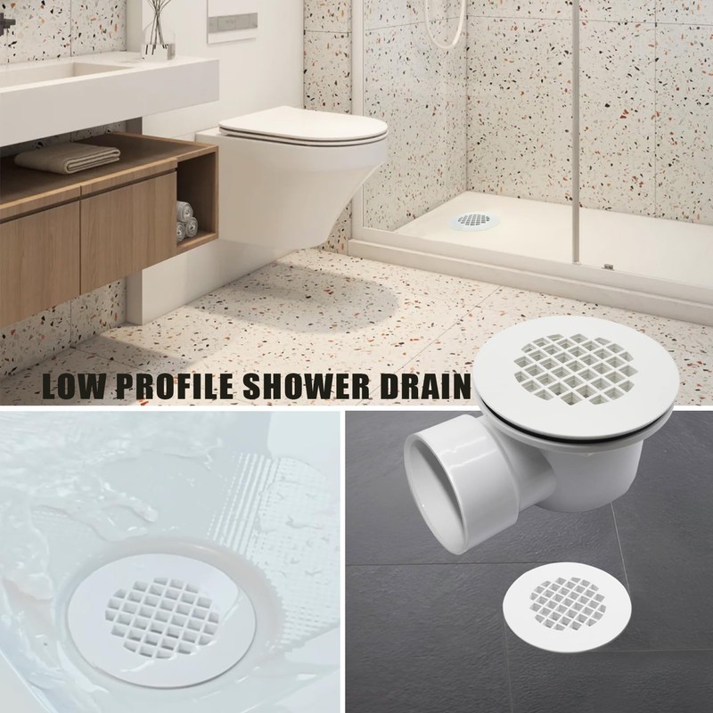 Low Profile Shower Drain, 1.5” Side Outlet Drain Assembly,Perforated Strainer,