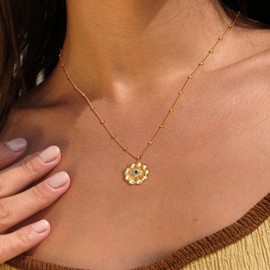 VACRONA Evil Eye Necklace for Women 18k Gold Plated Textured Disk Necklace Shark Tooth Necklace Multicolored CZ Turquoise Protection Heart Pendent Hamsa Minimallist Layering Coin Necklace