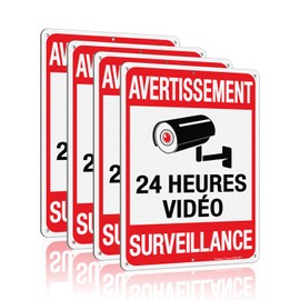 Faittoo 4 Packs de Avertissement 24 Heures Vidéos Signe, 7 Pouces par 10 Pouces, réfléchissant Aluminium. (4 Pack) French Video Surveillance Signs, 7" x 10", Reflective Aluminum, Indoor or Outdoor Use