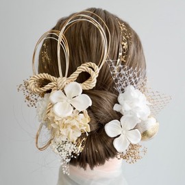 Lomeri ロメリ【11 Colors Available】Hair Ornament with Mizuhiki, Gold Leaf, Dried Flowers for Adult Ceremony, Graduation, Wedding, Traditional Japanese Attire (White Gold) S2