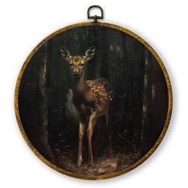 QZQE Vintage Farmhouse Moody Deer Round Wall Art Decor Framed, Dark Academia Cottagecore Circle Canvas Prints, Nature Forest Deer Circular Wall Hanging Decor for Home Bedroom Living Room, 10x10 Inch