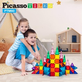 PicassoTiles 60 Piece Magnetic Building Block Mini Diamond Series Travel Size On-The-Go Construction Toy Set STEM Learning Kit Educational Playset Child Brain Development Stacking Blocks PTM60