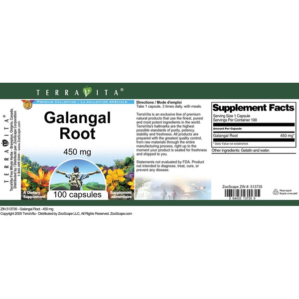 Terravita Galangal Root - 450 mg (100 Capsules, ZIN: 513735) - 3 Pack