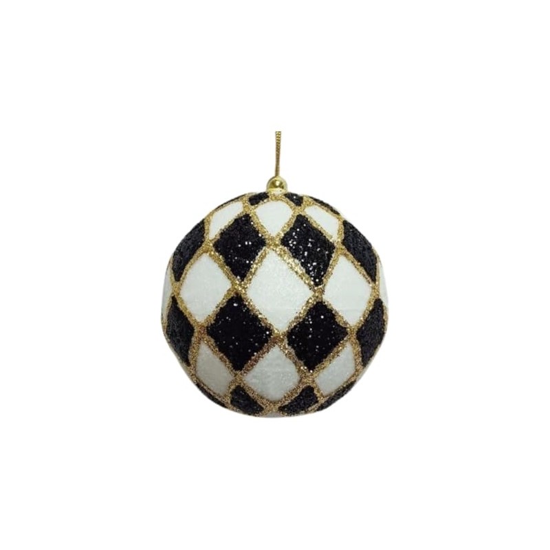 Glitter Ball Ornament, 4 inch, Harlequin Pattern in Black and