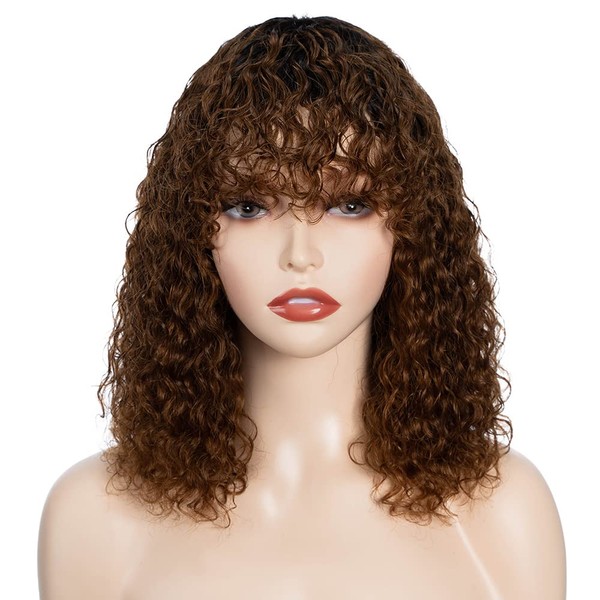 FASHION IDOL Bob Curly Human Hair Wigs with Fringe Jerry Curl Bob Wigs Human Hair Brazilian Virgin Human Hair No Lace Front Wigs for Women