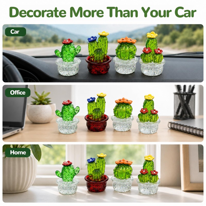 4 PCS Crystal Cactus Car Dashboard Decoration, Mini Interior Ornament