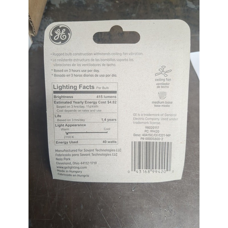 GE 40 Watt 415 Lumens Crystal Clear Ceiling Fan Incan