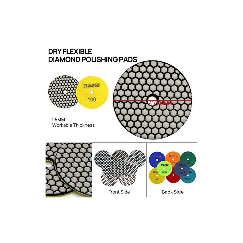 DT-DIATOOL Dry Diamond Polishing Pads 4 Inch/100mm 8PC #200 for