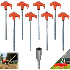 8Pack Tent Stakes-8” Drill in Heavy Duty Ground Pegs Screw in Camping Stakes with Hex Head Driver Spikes Puller Protector Ratchet in a Carrying Bag for Camping Hiking, Hammocks Accessories (Orange)