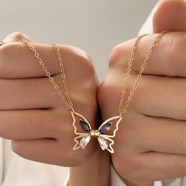 Wendalern Butterfly Couple Necklace Gold Butterfly Magnetic Matching Necklace Diamond Butterfly Friendship Necklace Zirconia Butterfly Pendant Necklace BFF Necklace for 2