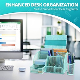 Flexzion Desk Caddy Organizer Green Metal Mesh Office Desk Supplies Organizer Caddy Desk Accessories Set for Women Men Students, 6 Compartments with Drawer and Pen Holder Desk Organizer for Work