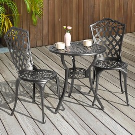 NUU GARDEN 3-Piece Patio Bistro Set Outdoor Cast Aluminum Bistro Table and Chairs Set of 2, Outdoor Patio Bistro Set with Umbrella Hole for Patio Balcony, Black