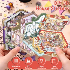 DIY 3D Sticker Scene, 8 Sets Fun DIY 3D House Stickers, Make Your Own Mini Room Scenes, Cute Cartoon 3D Miniature Scene Stickers Book, 3D Sticker Therapy for Adults Kids Relief Stress Pass The Time