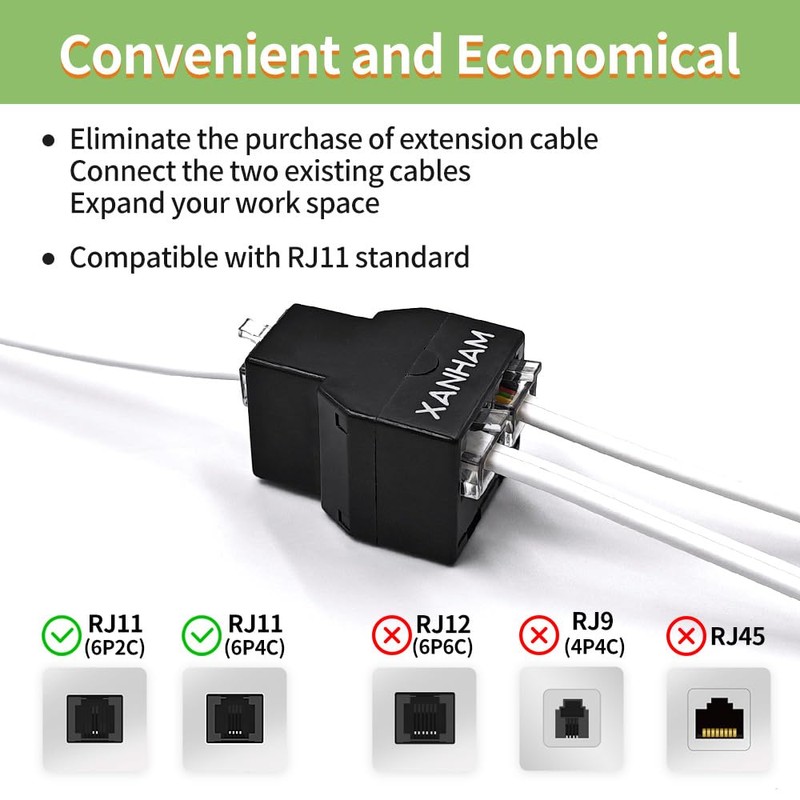 XANHAM Telephone Cable 2 Way Splitter(3 Pack) RJ11 6P4C Phone