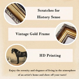 Kizbok Gold Framed Wall Art for Home Decor, Vintage Dog and Black Horse Oil Painting, Farmhouse Wall Decor Western Canvas Prints, Rustic Animal Picture Wall Decor, Antique Bedroom Framed Art for Living Room Bathroom Gallery Nursery Decoration - 9x12inch