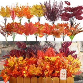 Alupssuc 24 Bundles Artificial Plants Outdoor, UV Resistant Fake Fall Ferns Stems Shrubs Faux Bushes Leaves Plastic for Indoor Outside Porch Garden Patio Window Office Entrance Bathroom Decor