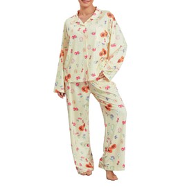 FHNUVB Women 2 Piece Floral Pajama Set Button Down Long Sleeve Wide Leg Fruit Set Cute Pjs Y2K Loungewear Sleepwear S-XL