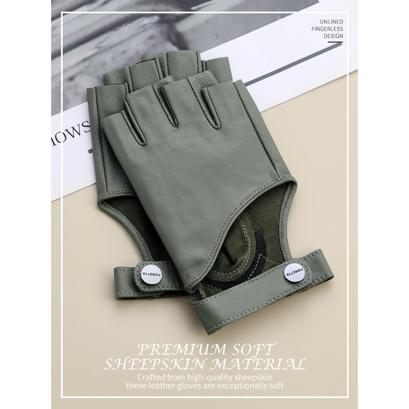 FIORETTO Women's Fingerless Leather Gloves for Driving & Motorcycle, Green
