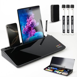 HURUC Small Glass Desktop Whiteboard with Storage,15.3"x7.08"x2.16" inch Desktop Dry Erase Board with Markers & Duster, Desk White Board Buddy Organizer for Home, Office, School (Black)