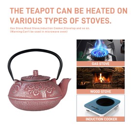 Cast Iron Teapot,SECHUDO Pink Tea Kettle,Japanese Cast Iron Teapot with Stainless Steel Infuser for Stovetop Safe (20.3OZ/600ML)