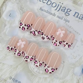 Pink Leopard Handmade Nail Tips - Stiletto M / 핑크 레오파드 수제네일팁 - 스틸레토M