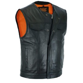 Mens Motorcycle SOA Collarless Orange Liner Exterior Gun pocket cow Hide leather vest Single panel (58)