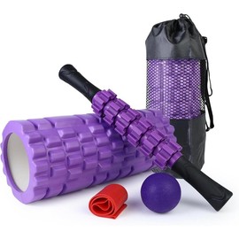 5 in1 Foam Roller Set, Trigger Point Foam Rollers, Massage Roller Stick, Massage Ball, Resistance Band for Deep Muscle Massage Pilates Yoga,Fitness Exercise for Whole Body (Black-Red) Comfort Body Care - Color: Violet