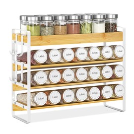 EsLuker.ly Spice Seasoning Rack Organizer Kitchen Countertop, 4 Tier Bamboo Spice Shelf Holder Storage with 4 Hooks, Wall Mounted Freestanding Stand for Pantry, Bamboo-White(Jars Not Included)