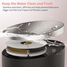 beQ Cat Water Fountain, 84oz/2.5L Stainless Steel Automatic Pet Fountain Water Dispenser with 4pcs Replacement Filters for Cats, Dogs, Multiple Pets Drinking Bowl, Indoor Ultra-Quiet Smart Pump, Black