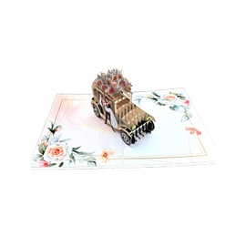 3D Pop-Up Wedding Card for Bride and Groom with Vintage Car, Floral Accents