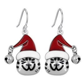 Unique Christmas Cat Dangle Earrings for Women - Cute Santa Hat Kitten Drop Earrings with Tinkling Jingle Bells - Santa Hat Design, Festive Winter Drop Earrings for Women Xmas Gift